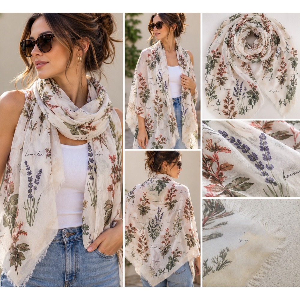 Parfois Floral Herb Print Scarf Cream Lavender Botanical Lightweight Frayed Edge